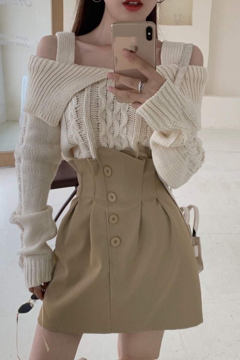 Knit Sweater Irregular Leather Skirt Two Piece Suit