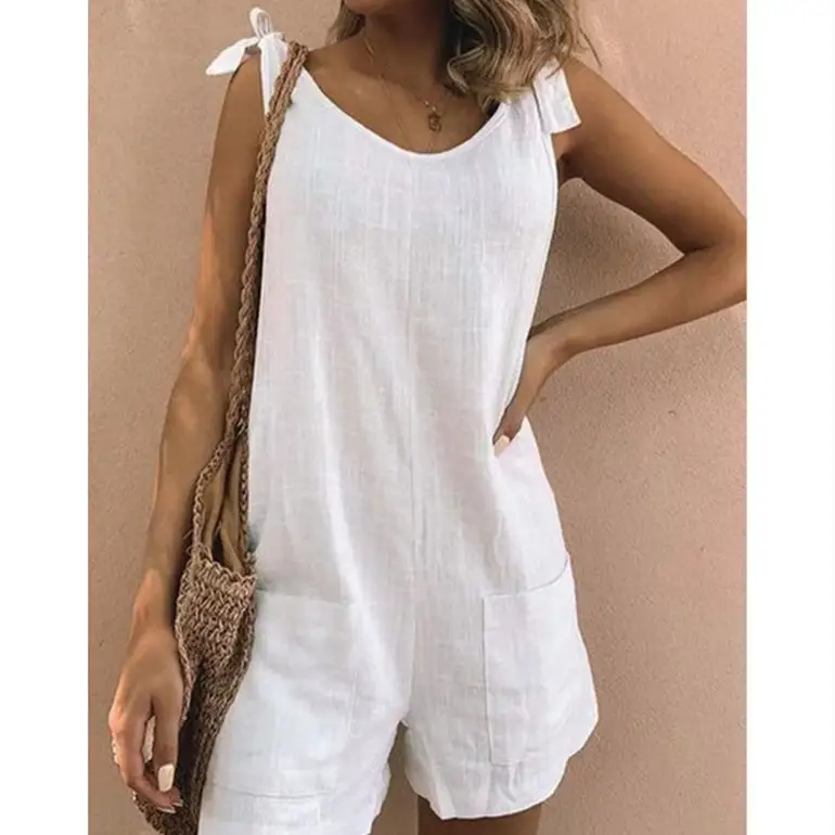 Solid Color Cotton And Linen Padded Pocket Fashion Jumpsuit