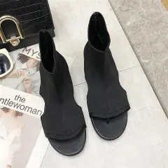 Stretch Cloth Flip Flops High-top Sandals And Long Boots - Black - View 1