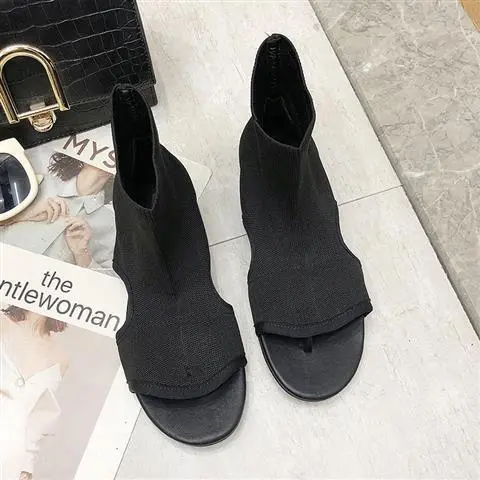 Stretch Cloth Flip Flops High-top Sandals And Long Boots - Black