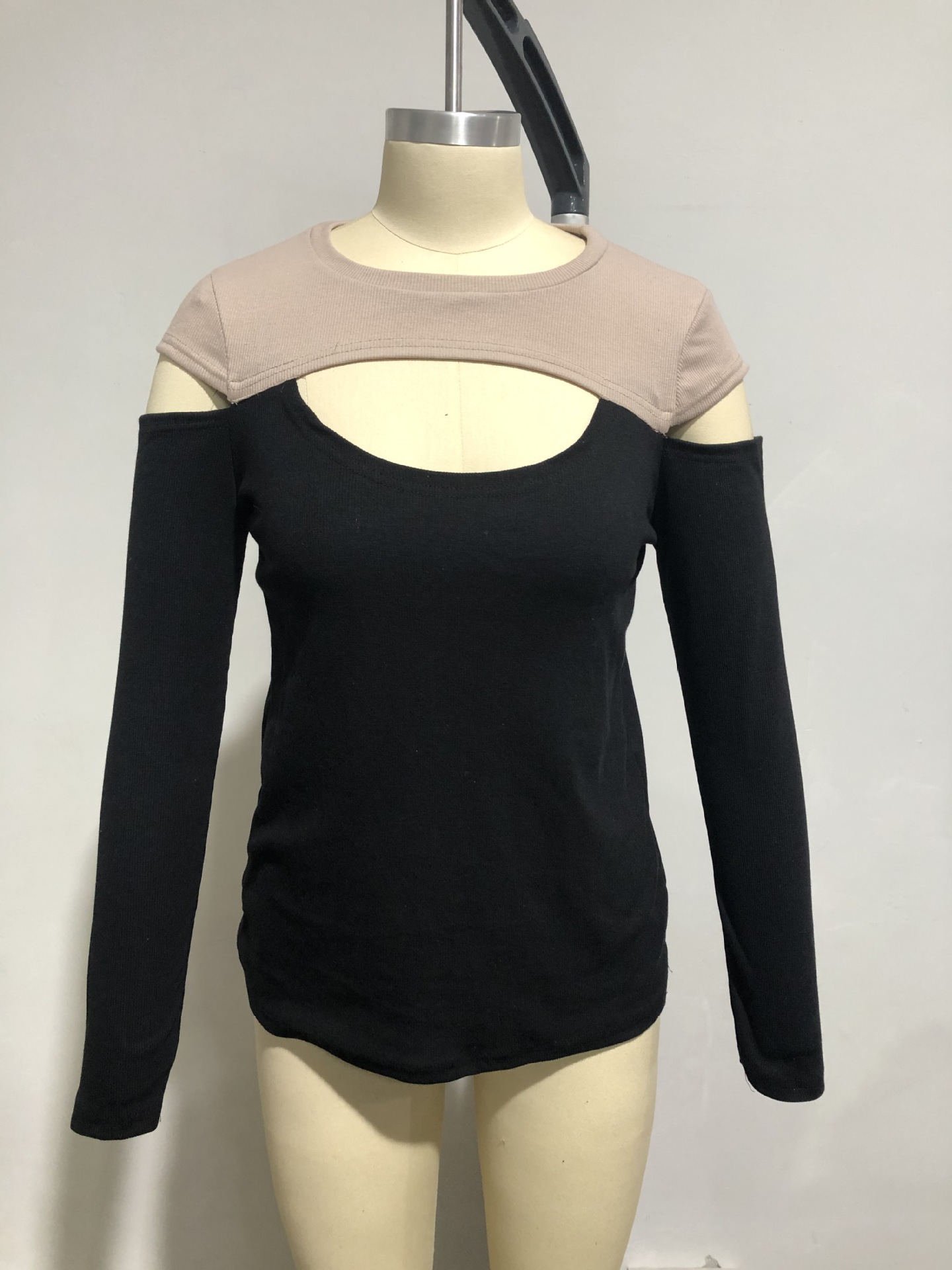 Sexy Hollow Slim Elastic Color Matching Round Neck Long Sleeve T-shirt