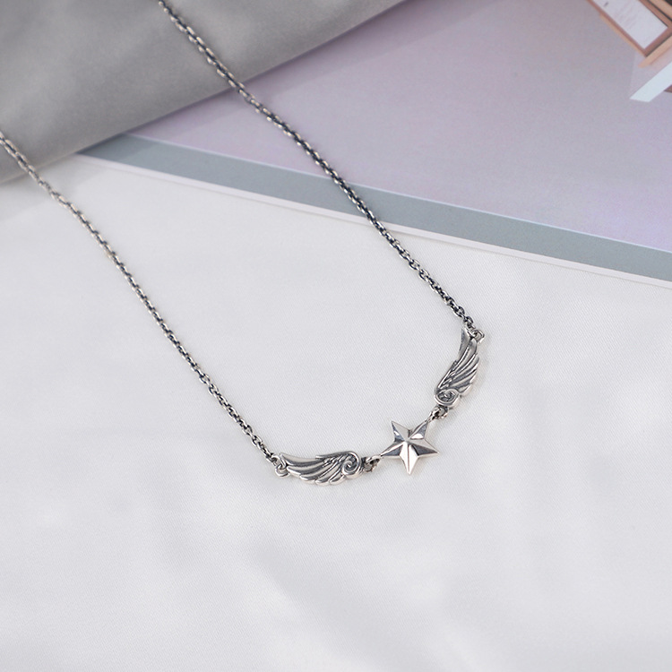 Silver Angel Wings Necklace Angel Wings Pentagram Necklace Lock