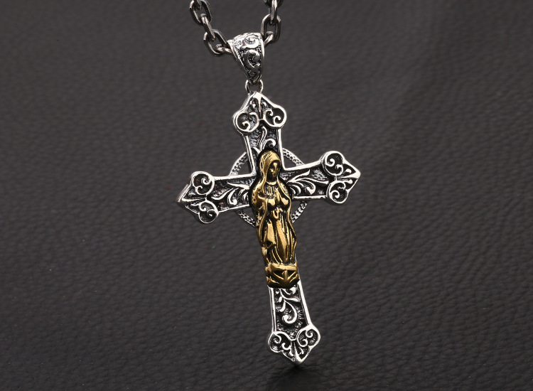 Virgin Mary Cross Necklace Pendant in Sterling Silver