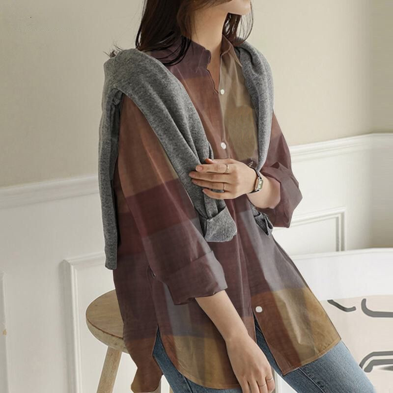 Long-Sleeved Plaid Button Irregular Shirt
