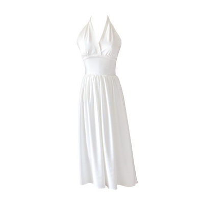French Vintage High Waisted V Neck Halterneck White Skirt