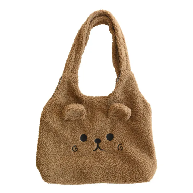 Lamb Wool Large Capacity Plush Embroidery Shopping Bag Brown - Shop at LoveMi