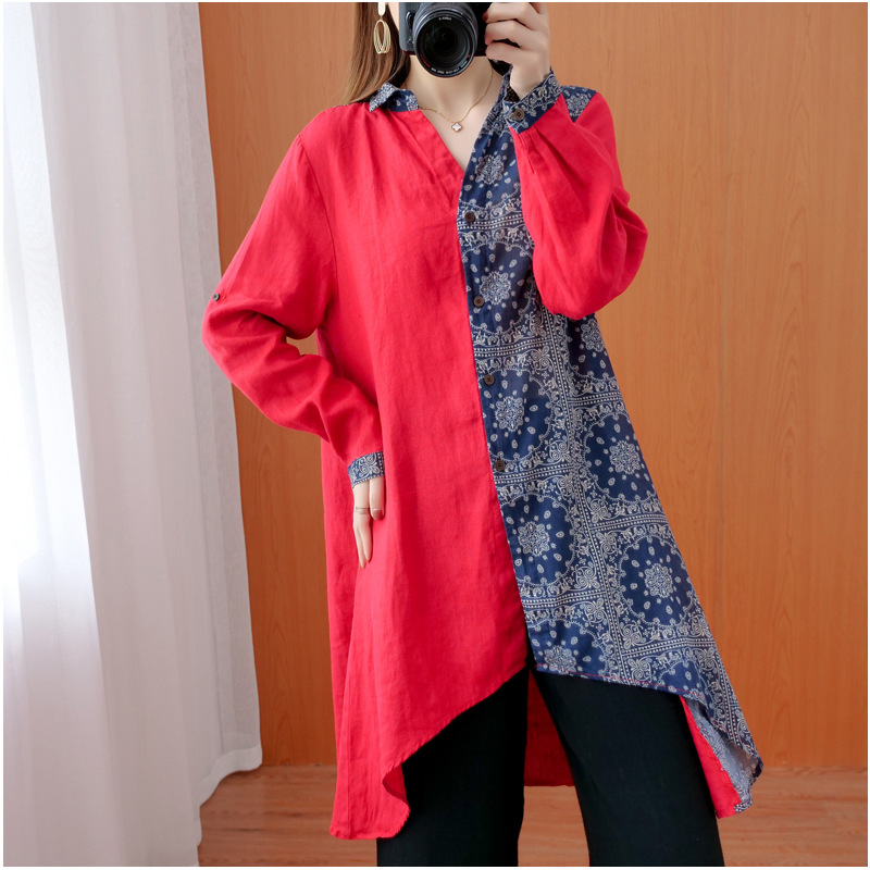 Retro Personality Casual Lapel Stitching Loose Shirt Women