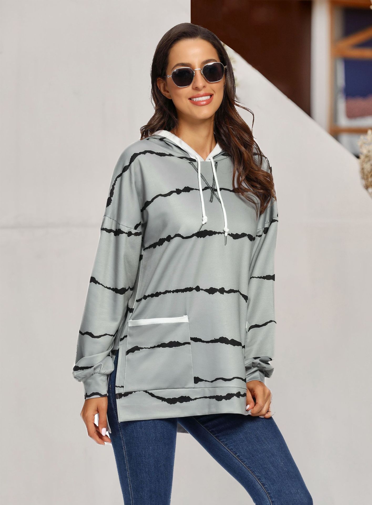 Women's Printed Striped Hooded Loose Long Sleeve Sweater