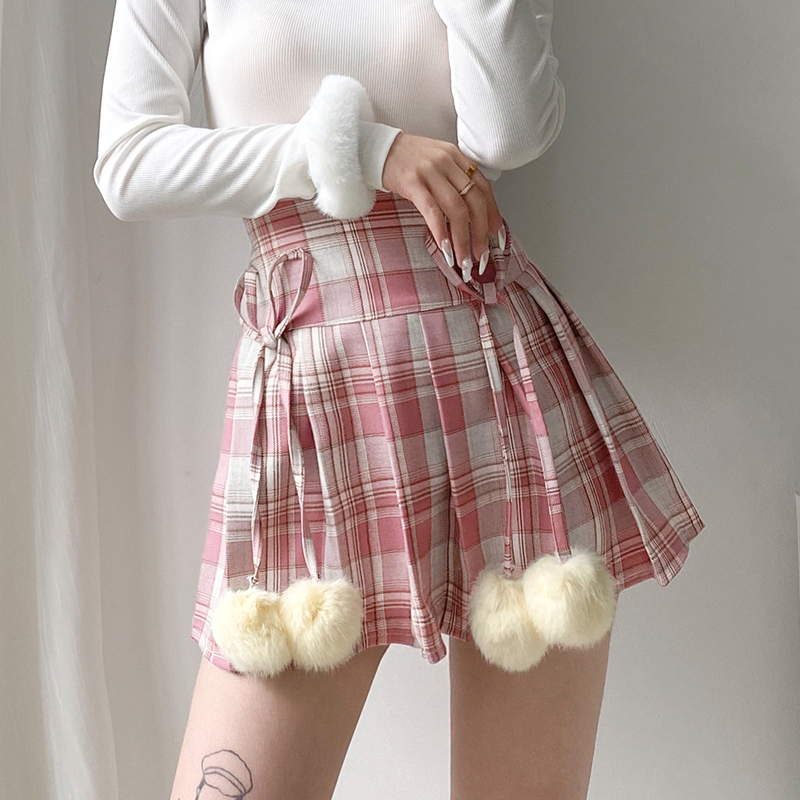 Girly Bow-Knot Lace-Up Pink Plaid Skirt High-Waisted Fur Ball Stitching Pleated Skirt