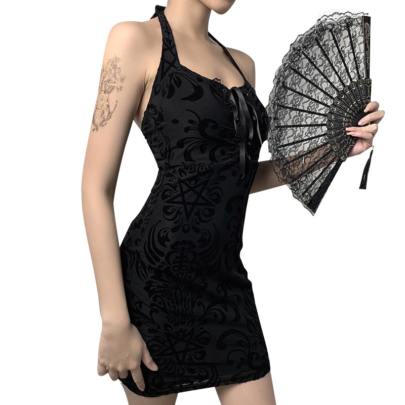 European And American High Waist Sexy Halter Neck Flocked Dress