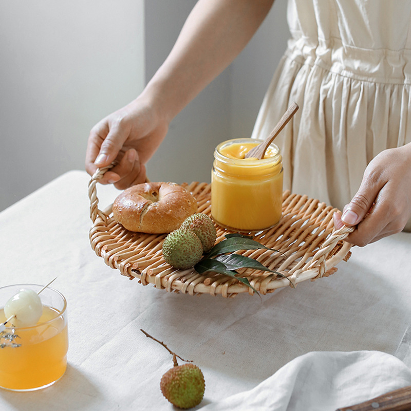 Hand - made Round  Rattan Fruit Plate With Two Ears | Yazijico™