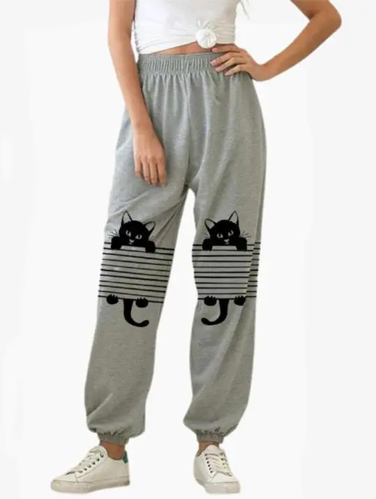 Printed Elasticated Feet Loose Slimming Sweatpants Grey - Shop at LoveMi