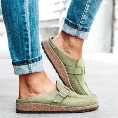 Frosted Suede Round Head Belt Buckle One Pedal Flat Comfortable Foam Bottom Slippers - Green - View 1