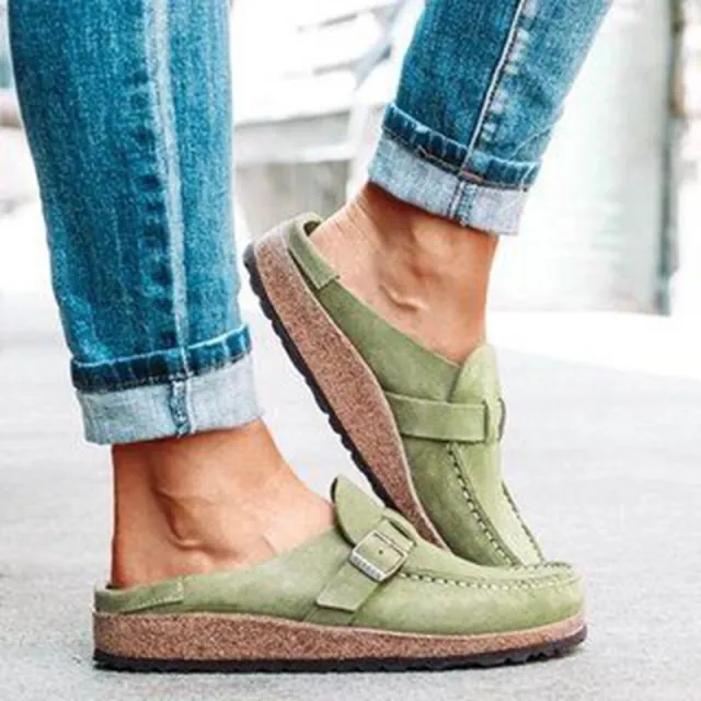 Frosted Suede Round Head Belt Buckle One Pedal Flat Comfortable Foam Bottom Slippers Green - Shop at LoveMi