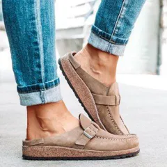 Frosted Suede Round Head Belt Buckle One Pedal Flat Comfortable Foam Bottom Slippers - Apricot - View 1