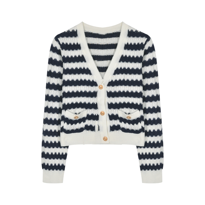 Title 3, Contrasting Gold Stripes Short Knitted Cardigan