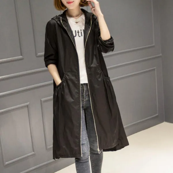 Korean Style Hooded Mid Length Over The Knee Trench Coat Black - Shop at LoveMi