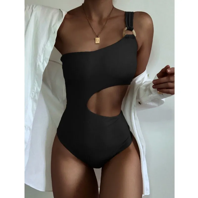 Solid Color One-piece Swimsuit Feminine Waistless Swimsuit One-shoulder Two-color Swimsuit - Black