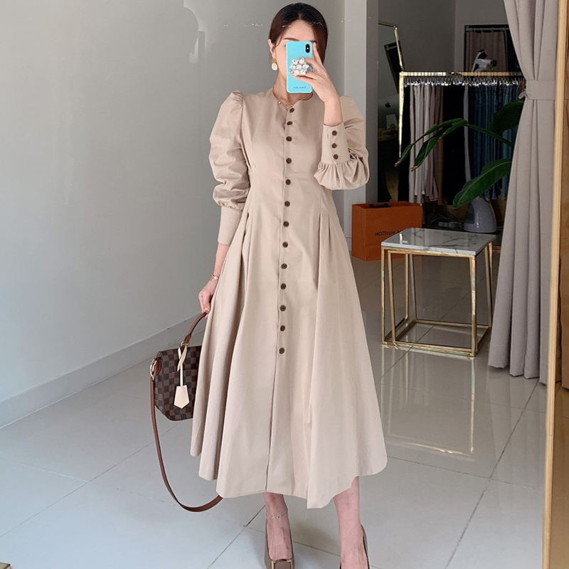 Retro Round Neck Single Breasted Pleated Thin Waist Puff Sleeve A Line Dress
