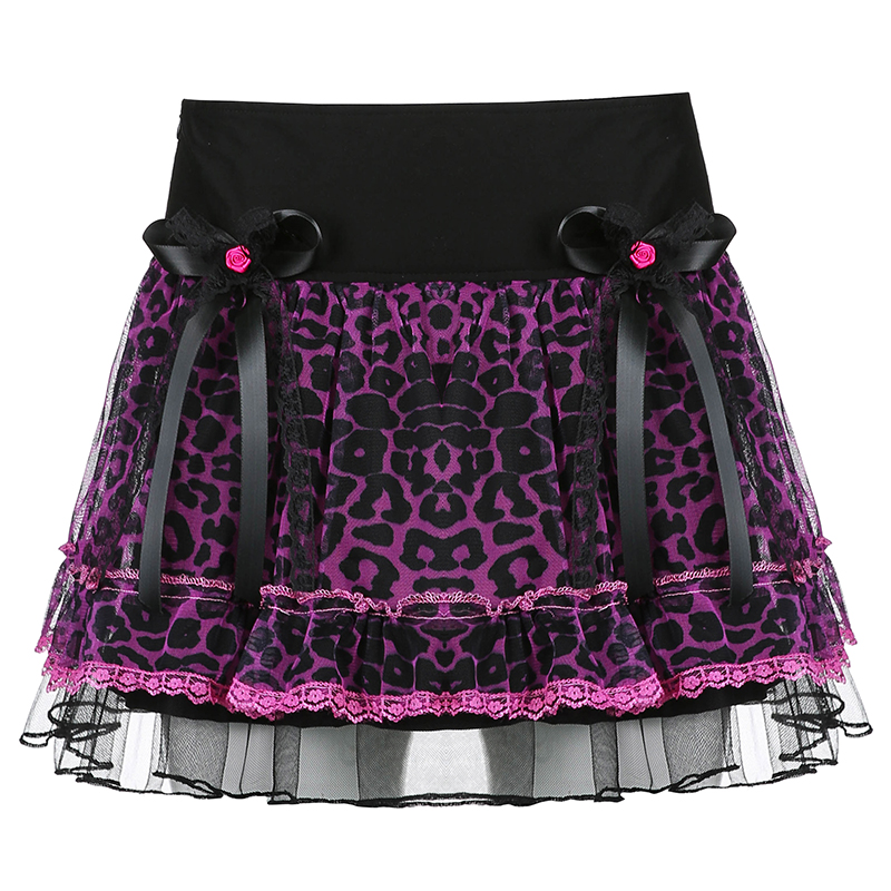 Leopard Lace Patchwork Skirt Women's Bow Pleated Skirt