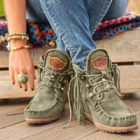 Winter Thick Soled Fringed Lace Up Women's Short Boots Green - Shop at LoveMi
