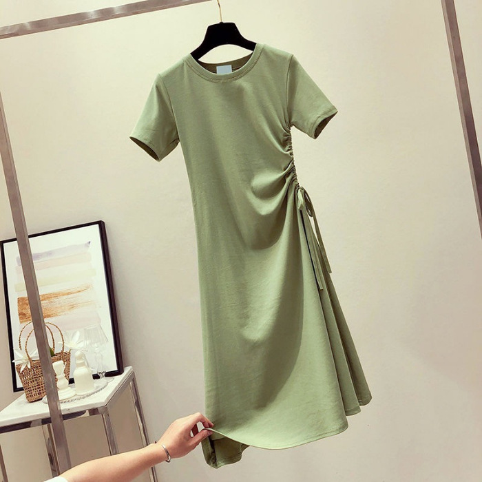 Western Style Avocado Green Dress With Drawstring Waist