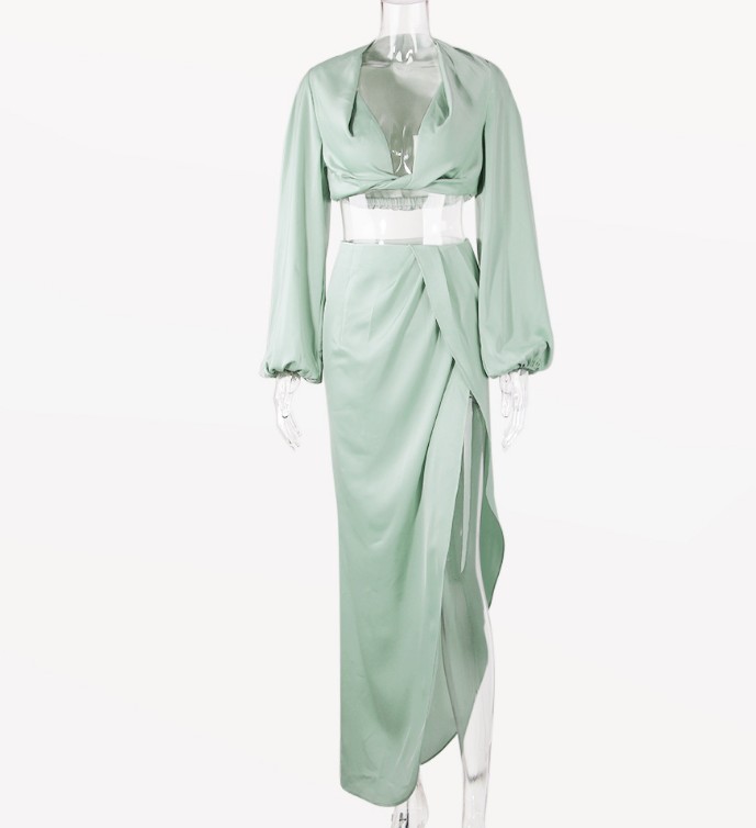 Satin Vneck Lantern Sleeve Top  Slit High Waist Skirt Set