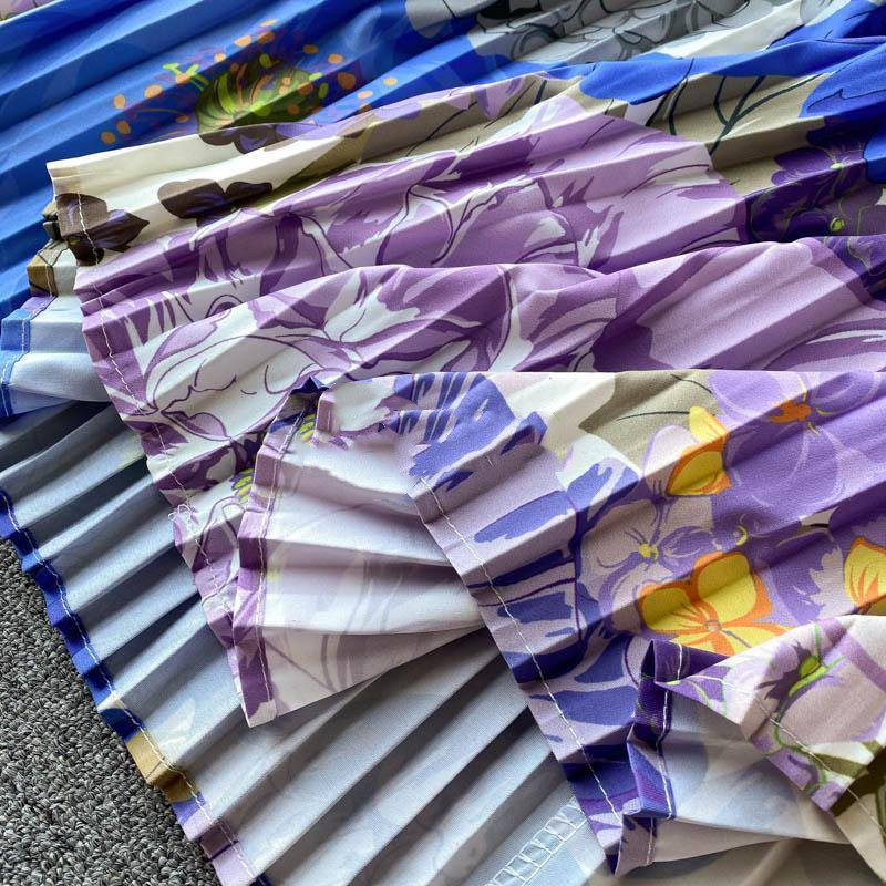 French Elegant Print Dress Long Skirt Goddess Fan Design Pressure Pleated Holiday