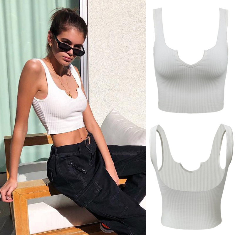 Outer Wear Short Vest, Small V-neck, Simple Cotton Pit Stripe Halter Top Women