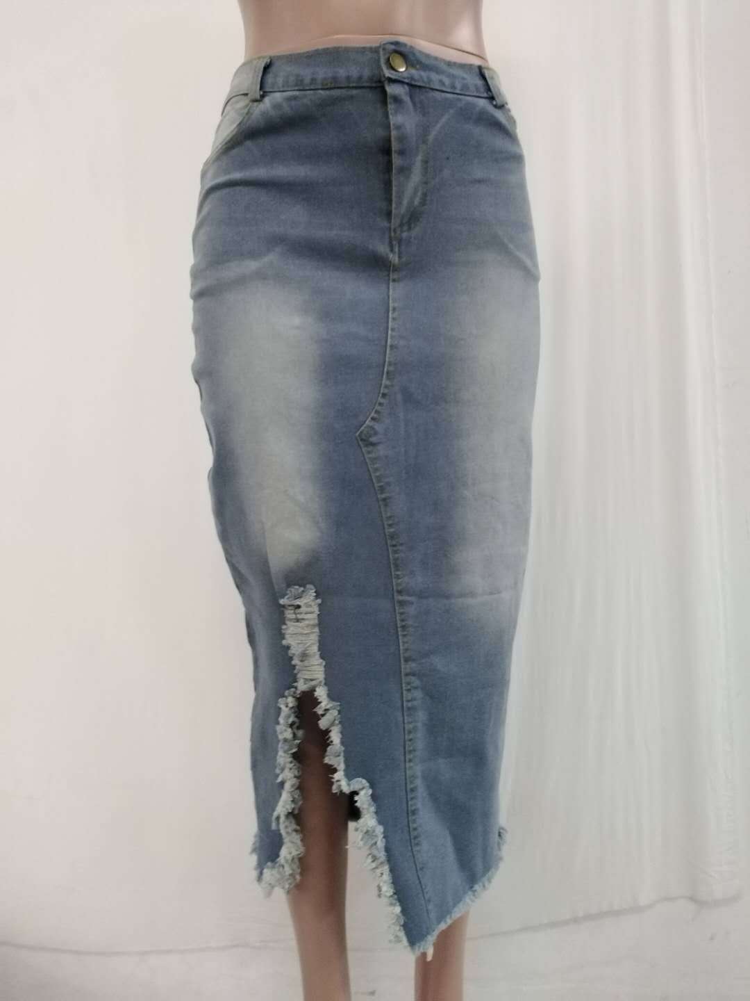 High Waist Washed Denim Split Hip Skirt