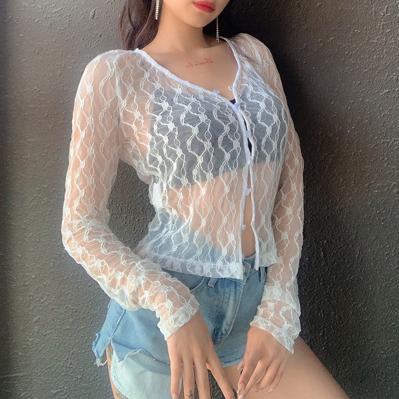 Pure Color Mesh All-match Hollow Long-sleeved Cardigan