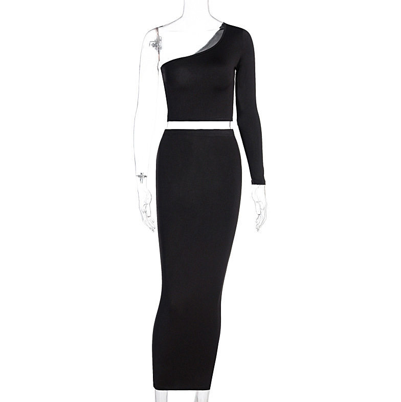 Two-Piece Fashion Ladies One-Shoulder Top and Hip Skirt