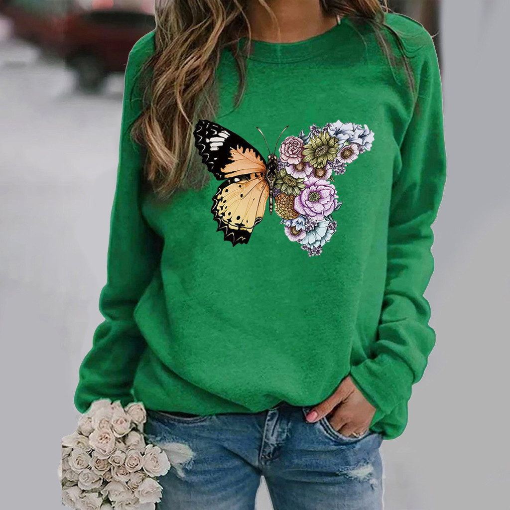 Title 1, Butterfly Print Long-Sleeved Round Neck Sweater...