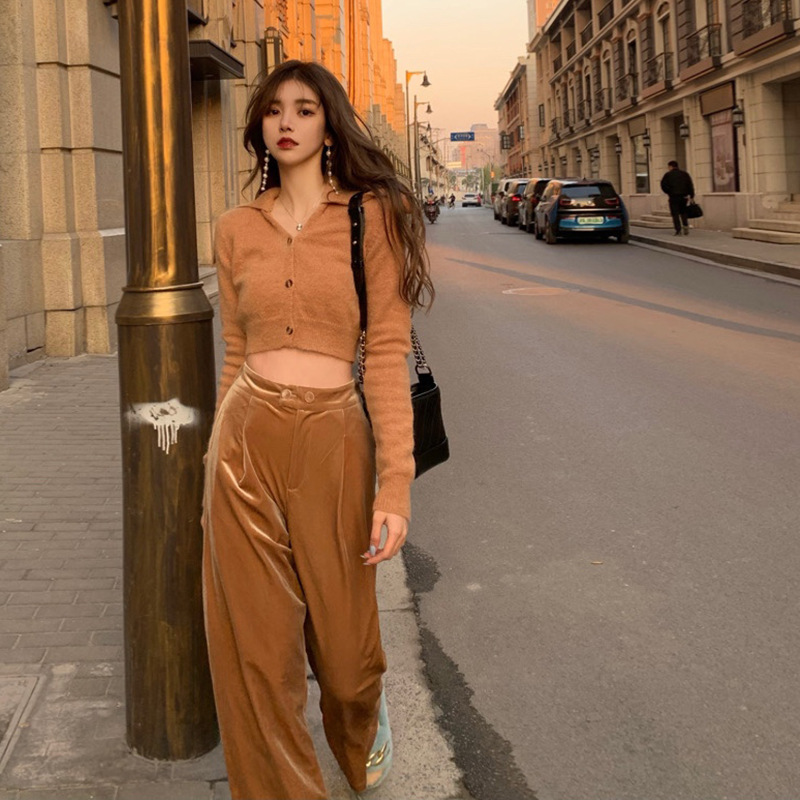 Retro Lapel Long Sleeve Top Slim Short Knit