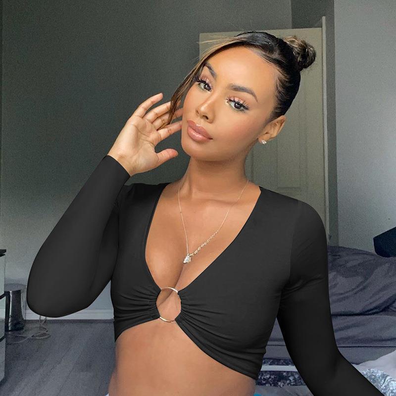 Sexy Long Sleeve Navel-baring T-shirt With Hollow Ring