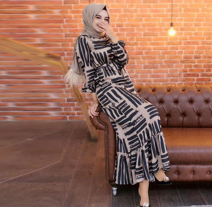 Fashion Printed Slim Mid-Waist Temperament Commuter Long Dress
