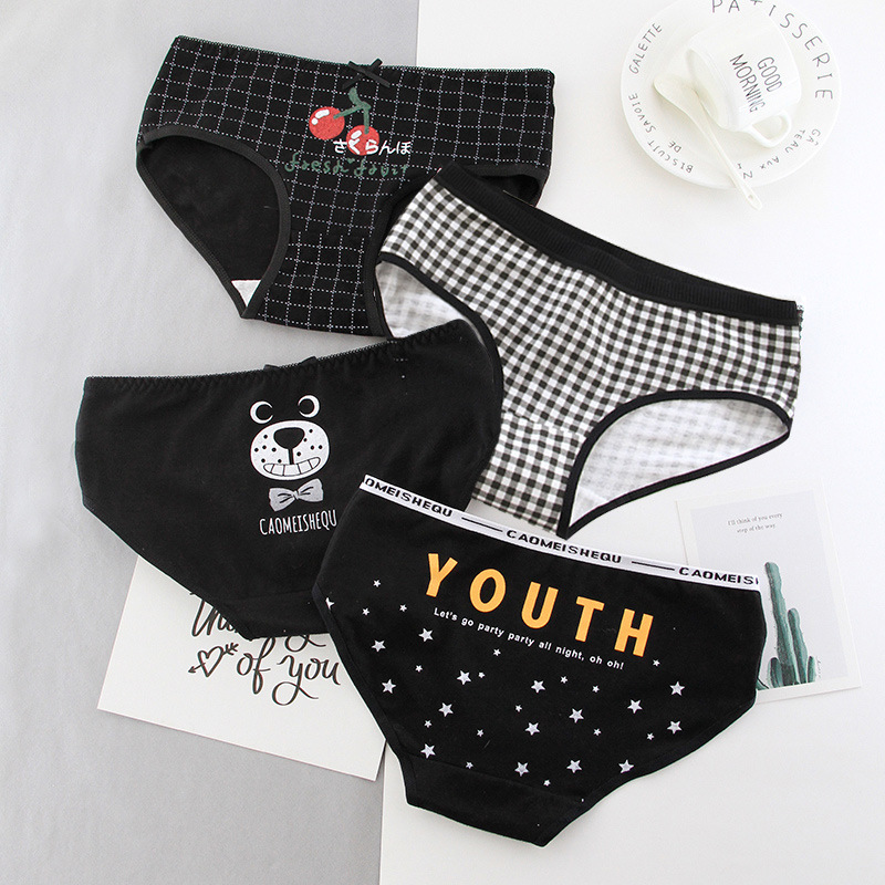 Title 2, Black Cotton Cute Briefs Set Box Women