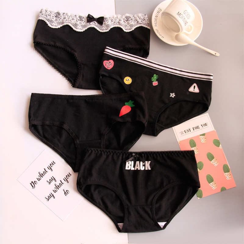 Title 3, Black Cotton Cute Briefs Set Box Women