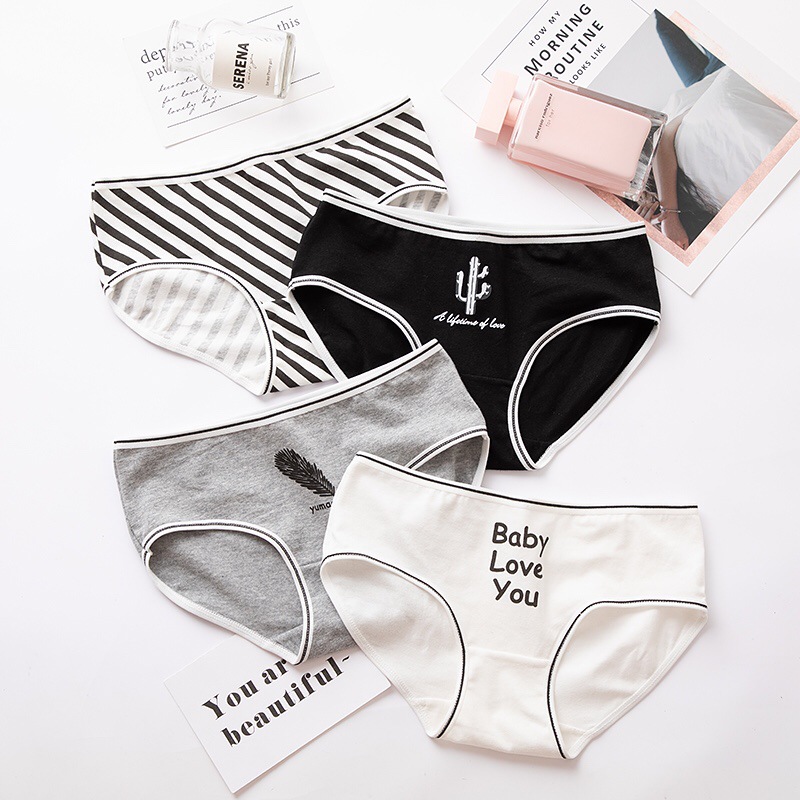 Title 5, Black Cotton Cute Briefs Set Box Women