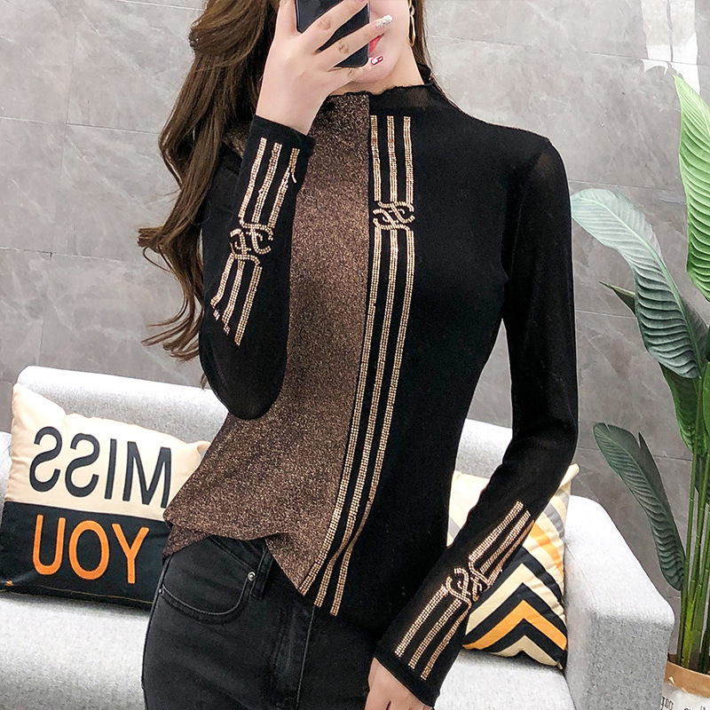 Stitching And Diamond Inlaid Fashion Base Shirt Long Sleeve Female