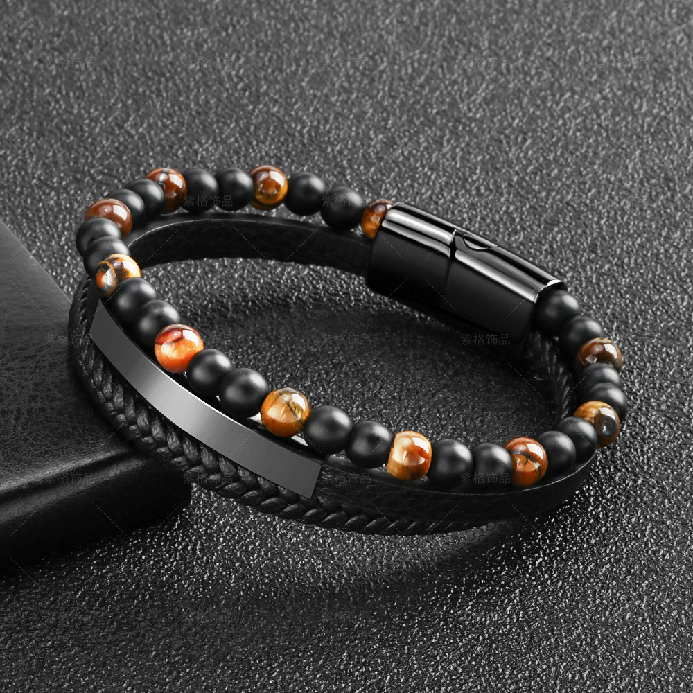 Natural Tiger Eye Stone Bead Bracelet Leather Cord Braided Bracelet