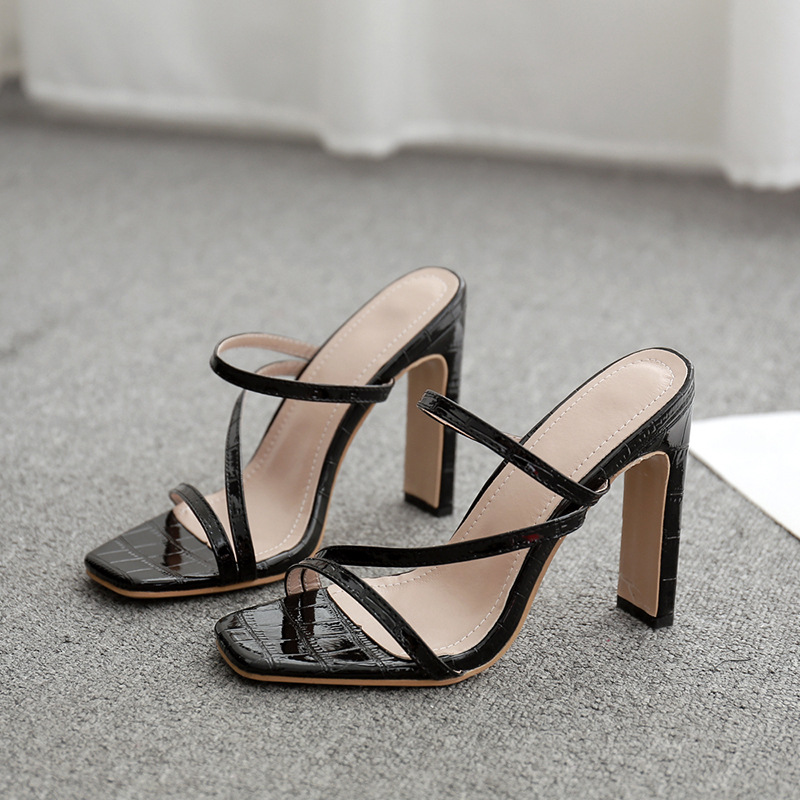 Thin Strap Square Head High Heeled Female Sandals Black - Shop at LoveMi