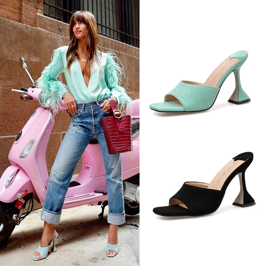 Suede Square Head Wine Glass With High-heeled Dress Catwalk Thick Heel OL Half Slippers
