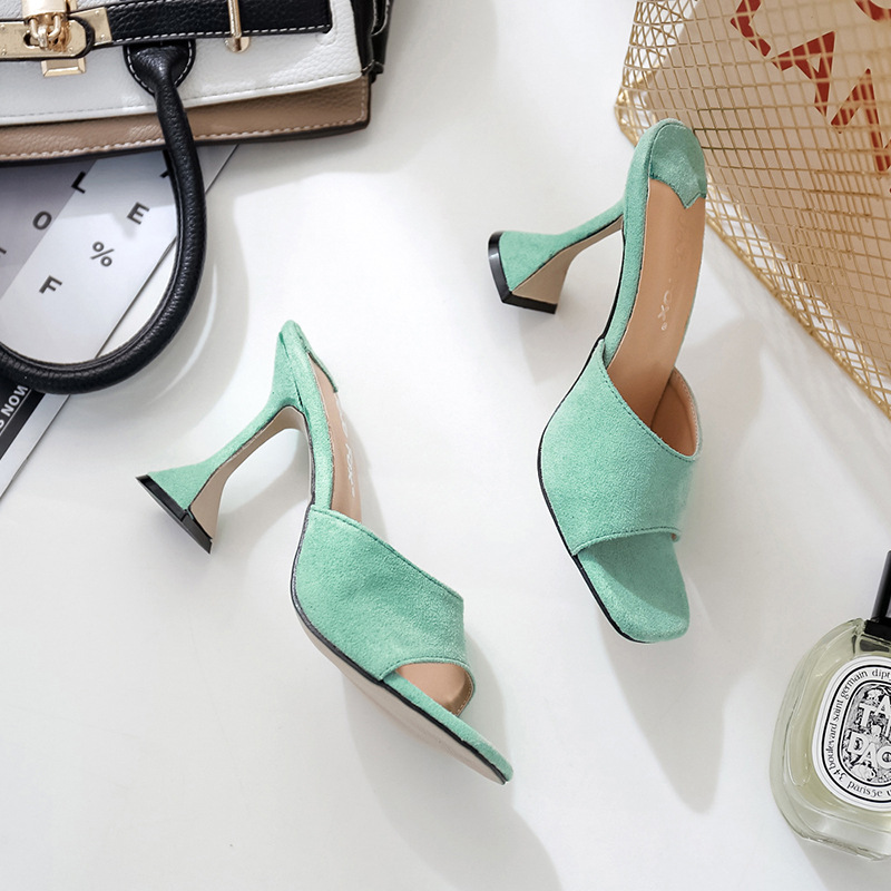 Suede Square Head Wine Glass With High-heeled Dress Catwalk Thick Heel OL Half Slippers