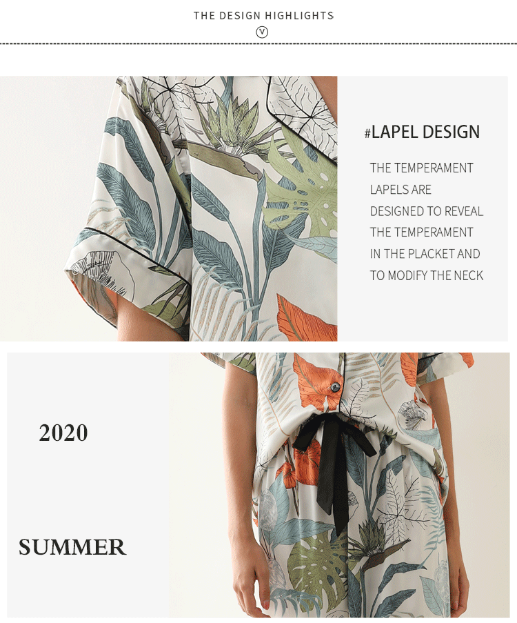 Title 2, Pajamas leaf print summer short-sleeved silk pa...