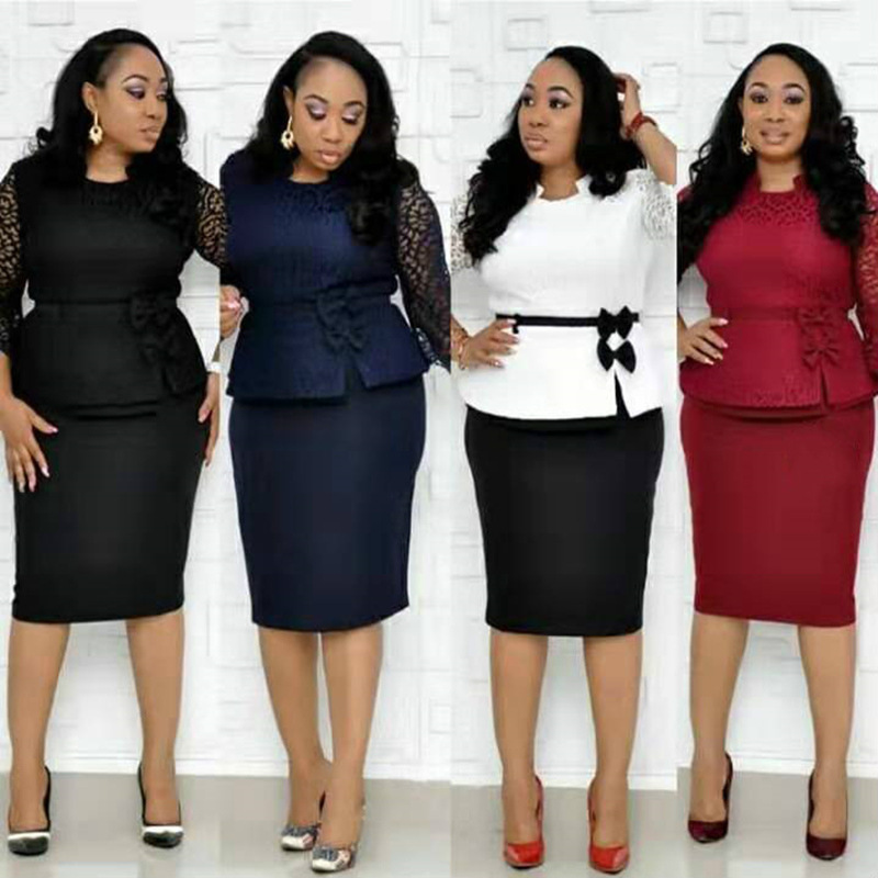 African Round Neck Stitching Lace Sleeve Commuter Plus Size Dress