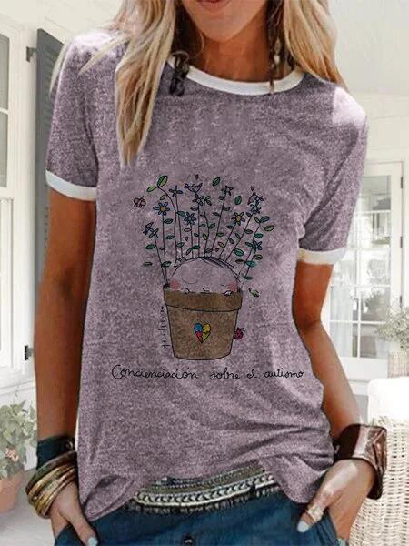 Cartoon Print Girl Sunflower Flower Cotton Linen Short Sleeve