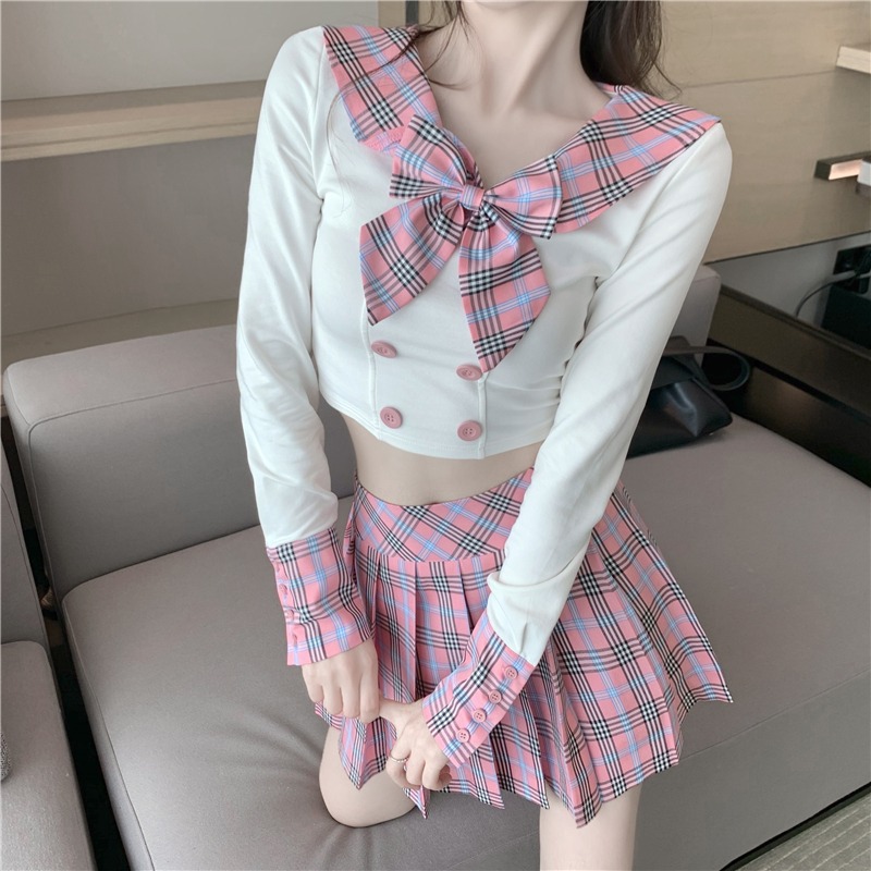 Sweet Girl College Plaid Collar Bow Long Sleeve Top High Waist Pleated Skirt Two Piece Set