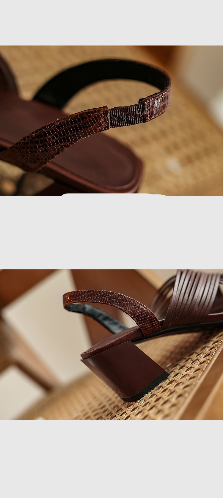 French Square Toe retro All-match Thick-heeled Brown High-heeled Sandals