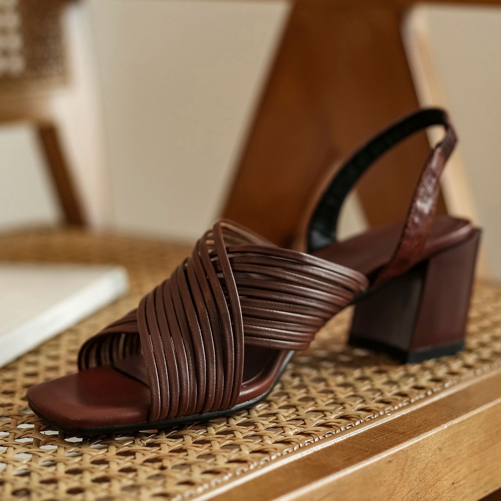 French Square Toe retro All-match Thick-heeled Brown High-heeled Sandals